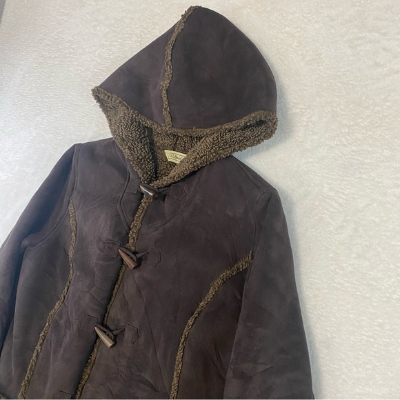 LL Bean Sherpa Lined Jacket Faux Fur Suede Toggle Coat Brown Women’s L Regular - Picture 2 of 9